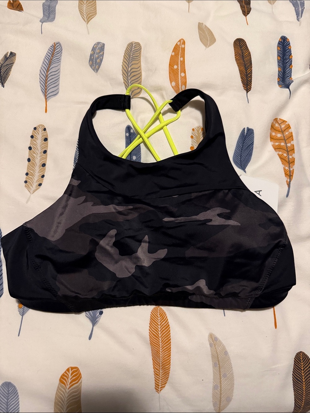 Athleta Black Camo Sports Bra with Neon Yellow Straps